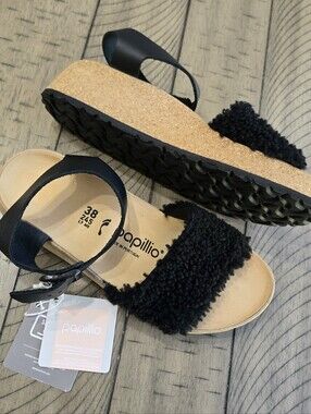 Birkenstock Papillio Women's Black Faux-Shearling Cork Sandal with Ankle Strap
